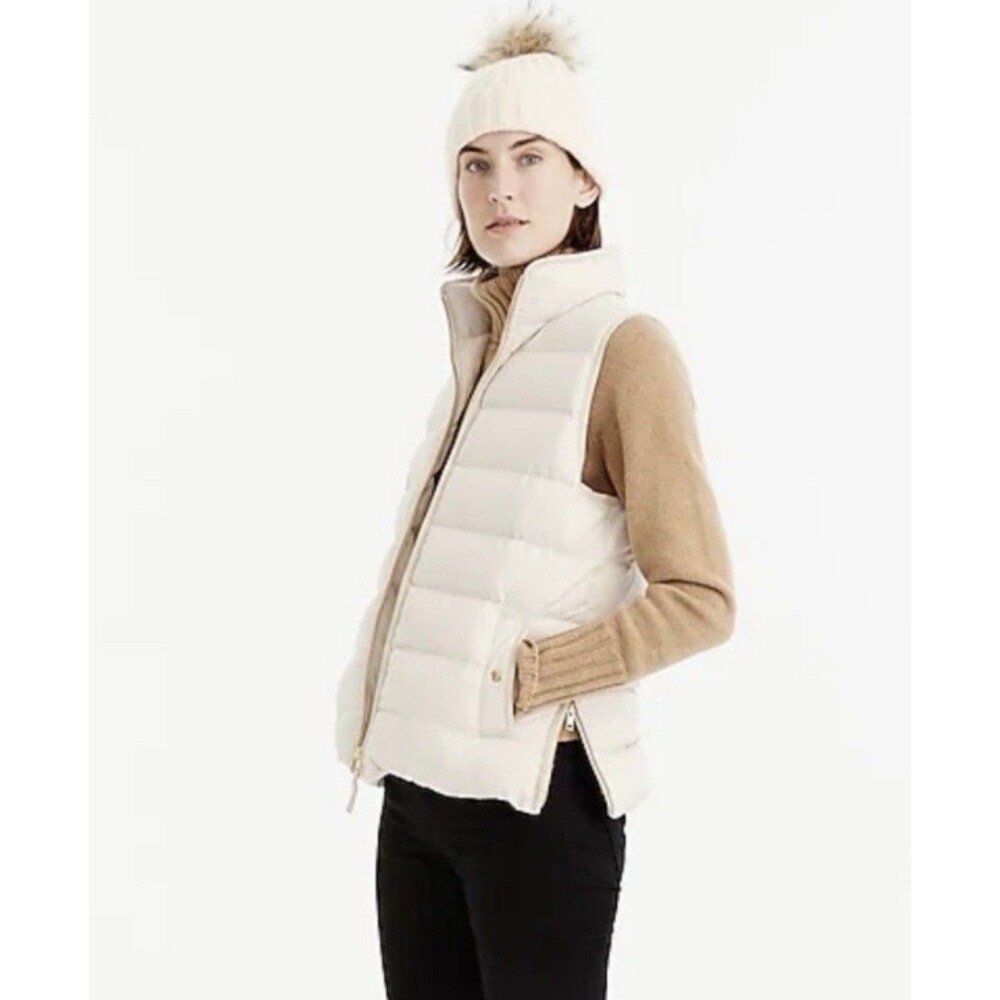 J.Crew Mountain Puffer Vest Womens XS Cream Ivory Down Feather Fill Gold Zip